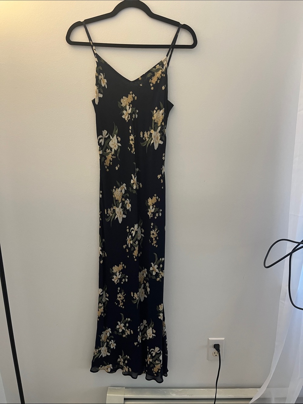 Reformation Black Maxi Slip Dress with Cream Floral Print